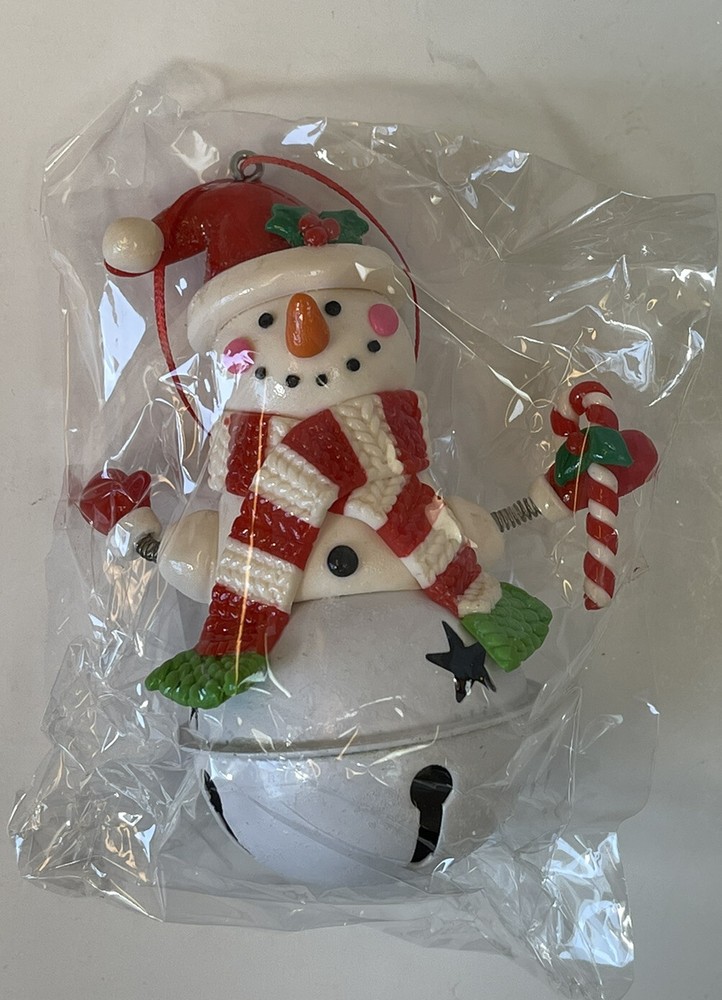 Snowman Bell Christmas Ornament w/ Red & White Scarf & Hat Springy Hands NIP