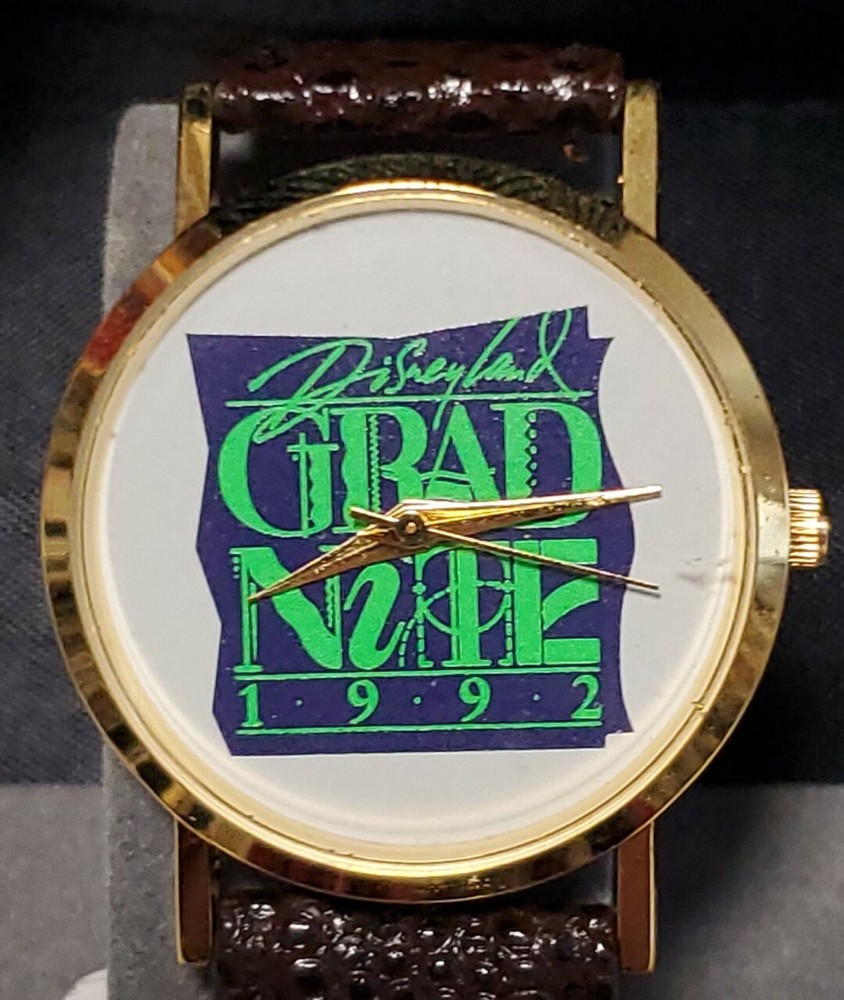Vintage 1992 Disneyland Grad Nite Gold Tone Watch By Becora, Leather Band, MIB
