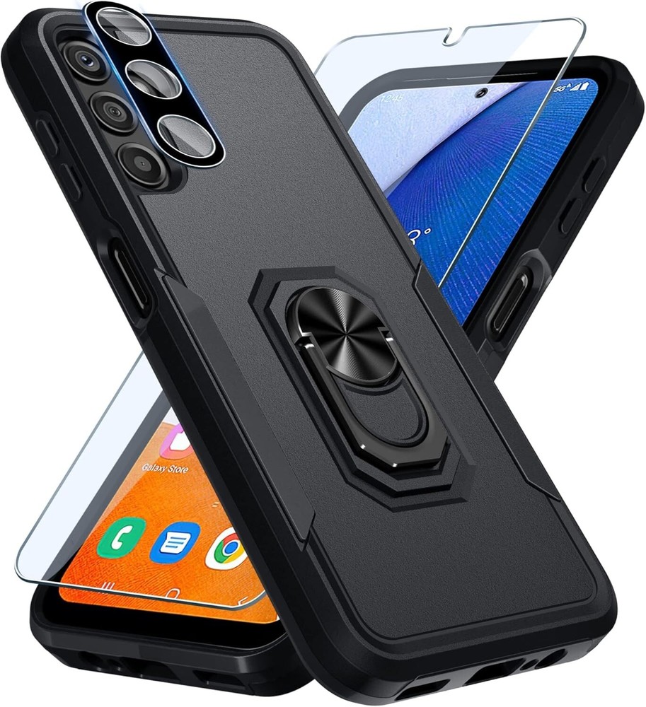 For Samsung Galaxy A14 Case with Full Body Built in Ring Holder Kickstand Black