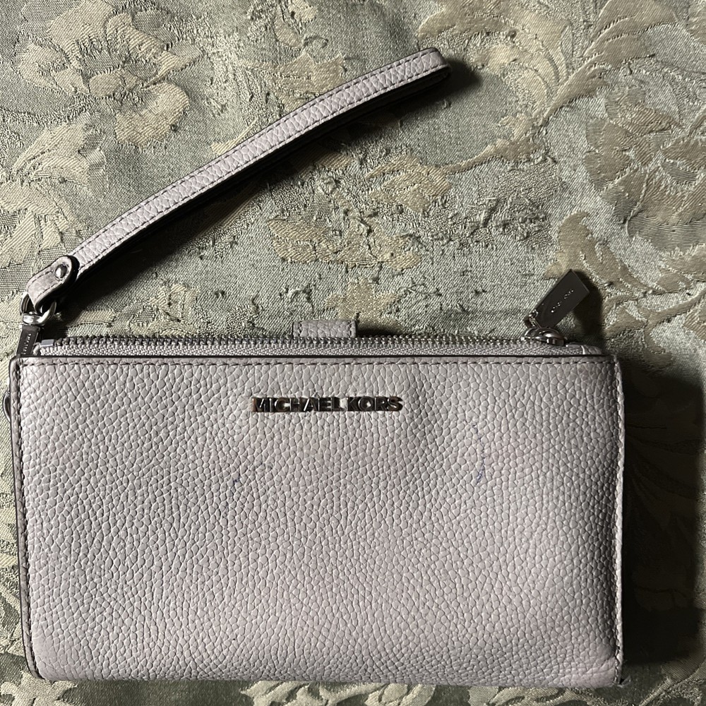 Clean Michael Kors Jet Set Double Zip Wristlet Card Case Wallet Gray Leather