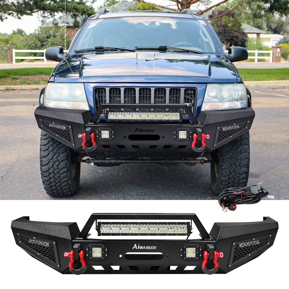 For 1999-2004 Jeep Grand Cherokee WJ Steel Front Bumper W/LED Lights & D-Rings