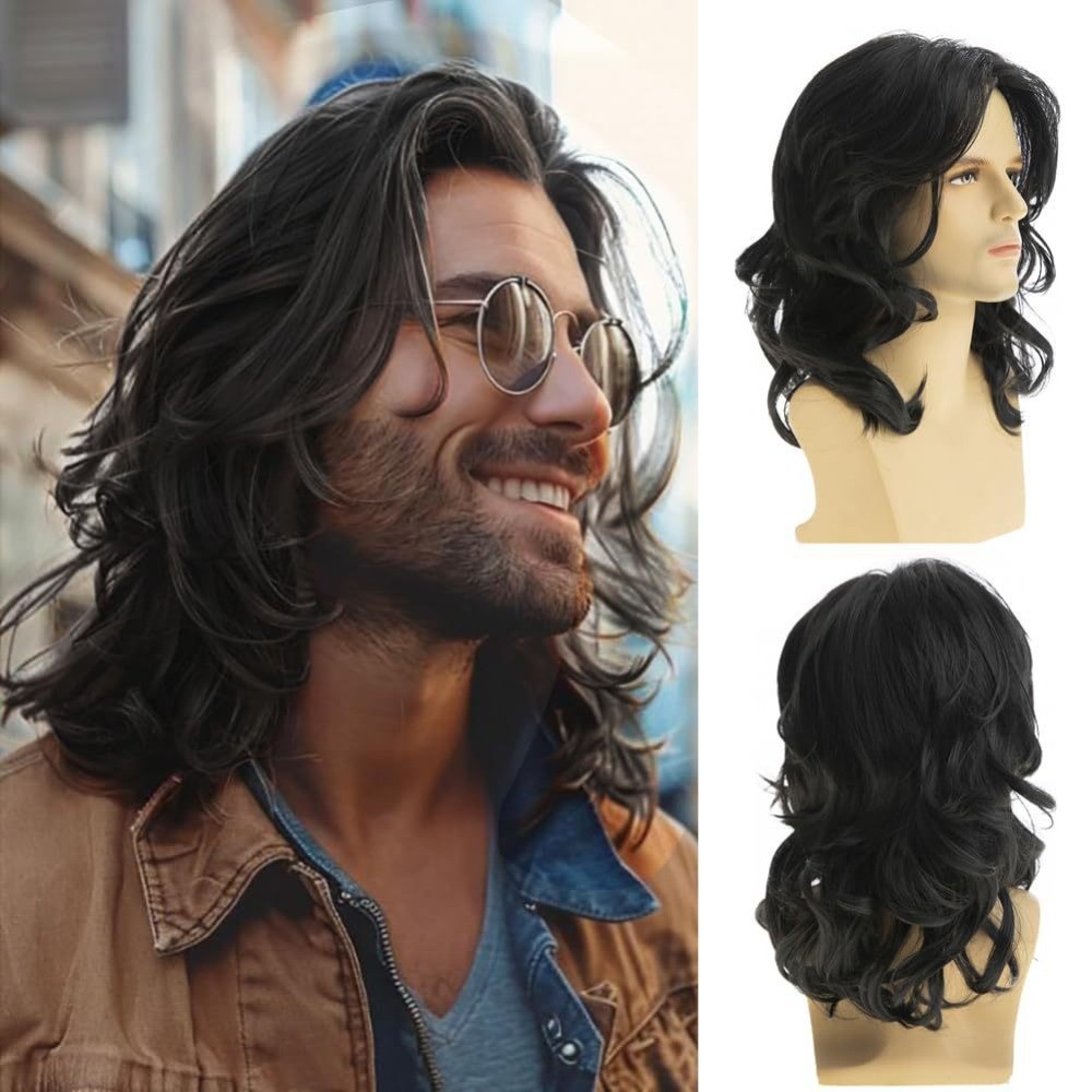 Medium Length Male Wavy Wigs Curly Brown Hair Men Party Synthetic Cosplay Wigs