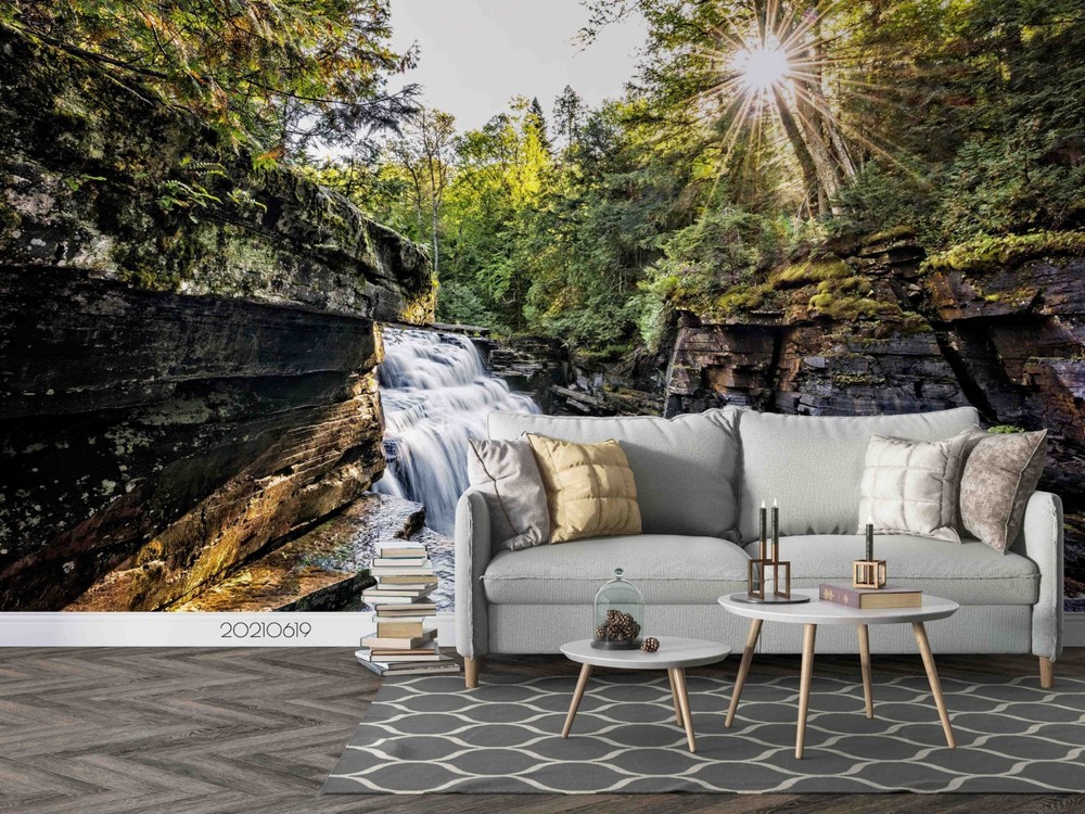 3D Forest Waterfall Sunshine Landscape Wall Murals Wallpaper Murals Wall Sticker