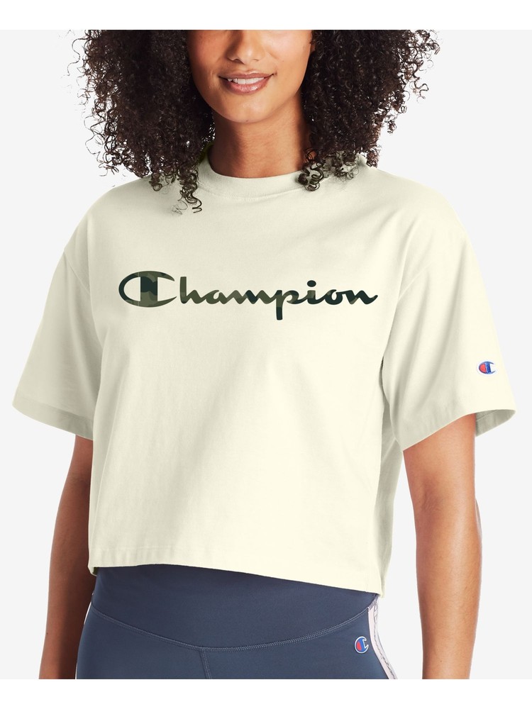 Champion Women’s Ivory Logo Graphic Short Sleeve Crop Top L