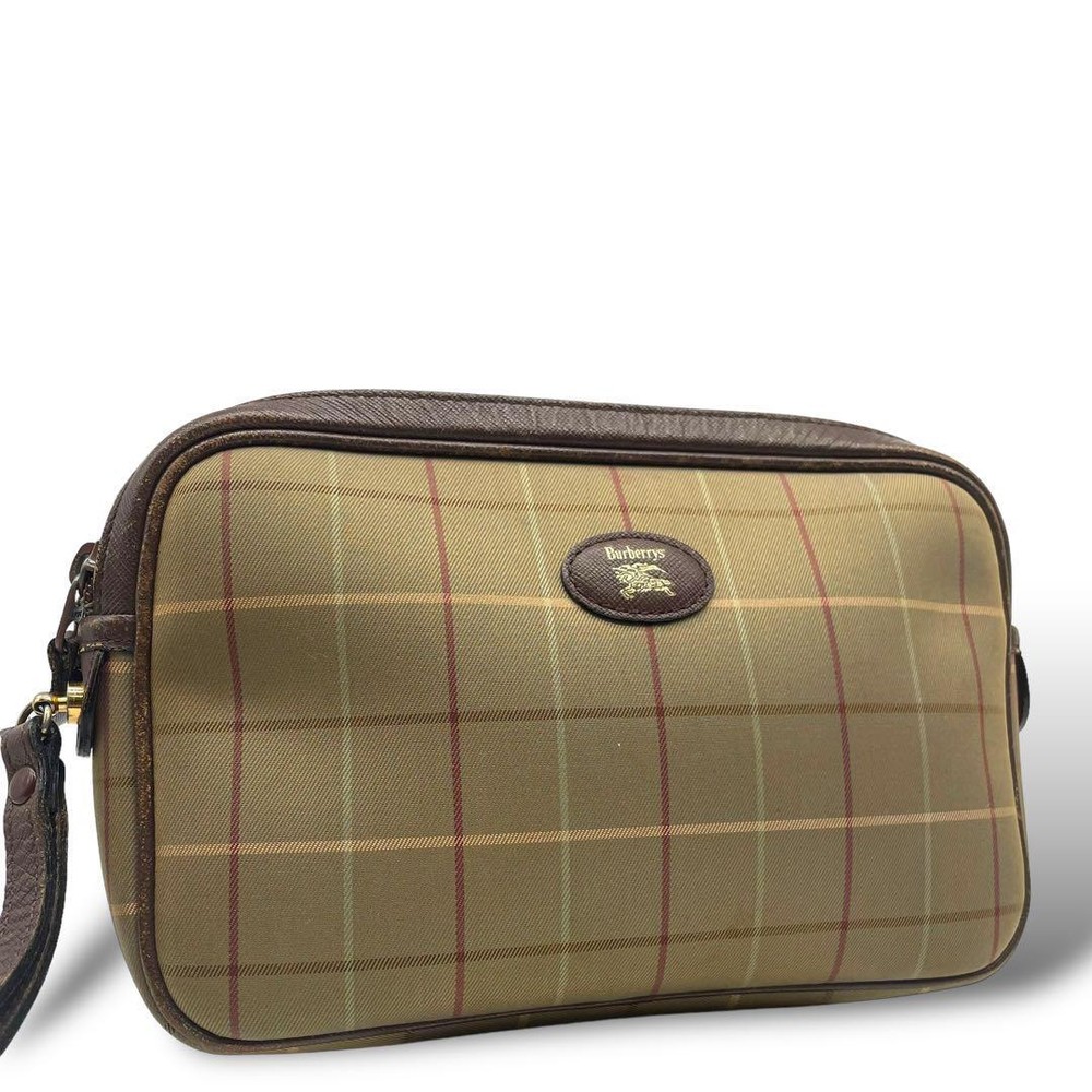 BURBERRY Clutch bag beige canvas/leather unisex Checkered vintage mini.