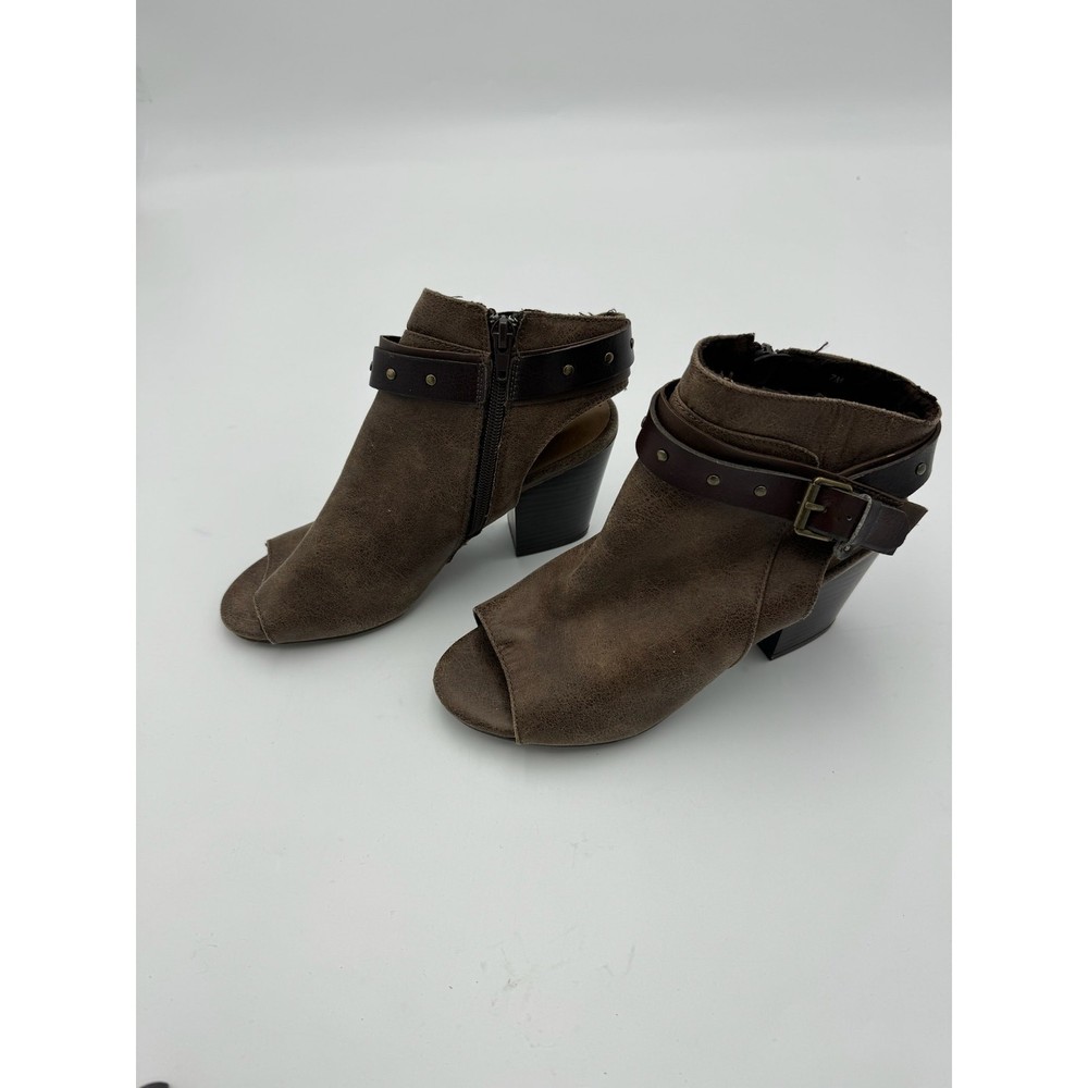 Francesca Brown Suede Peep Toe Buckle Block Heels Size 7