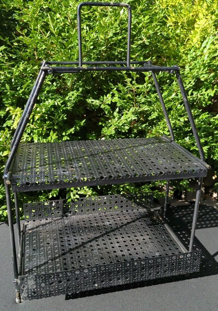 Vintage MCM Mid Century Modern Black Wire Shelf 2 Tier Footed Magazine Rack