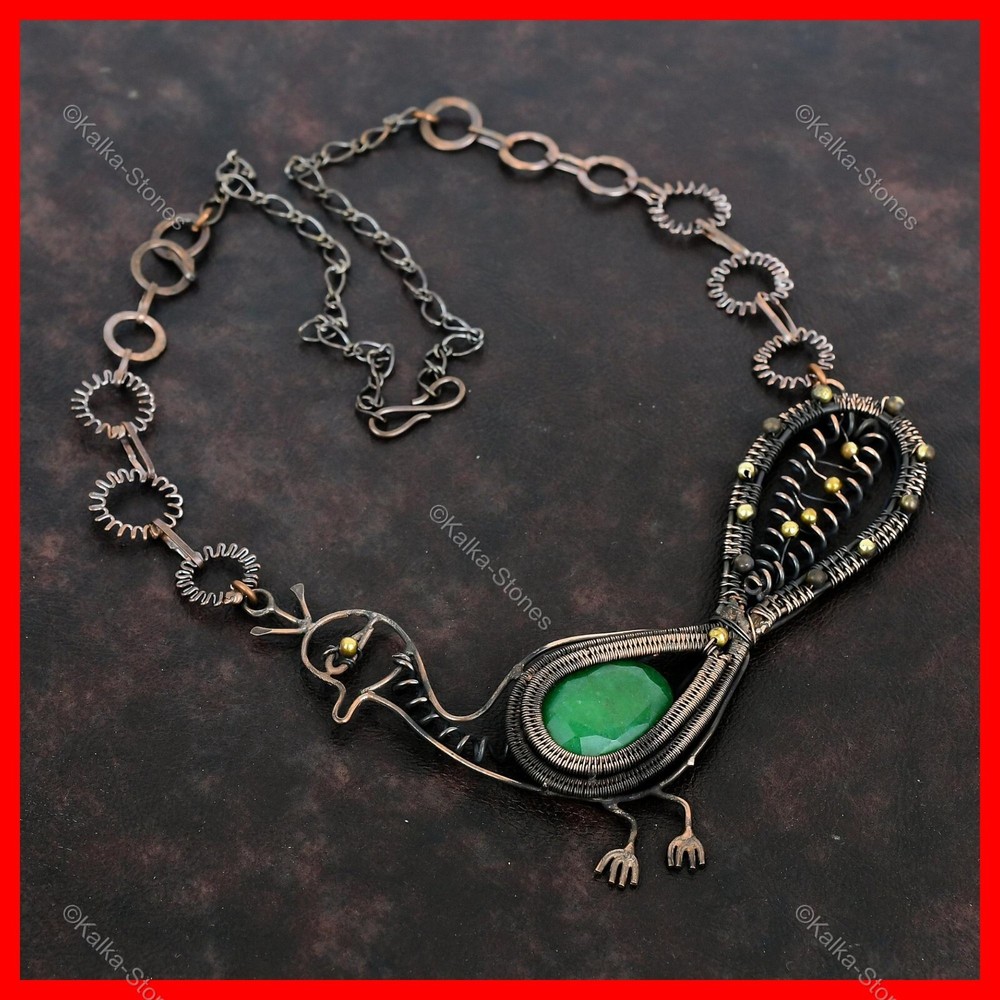 Zambian emerald peacock wire wrapped copper chain ethnic necklace