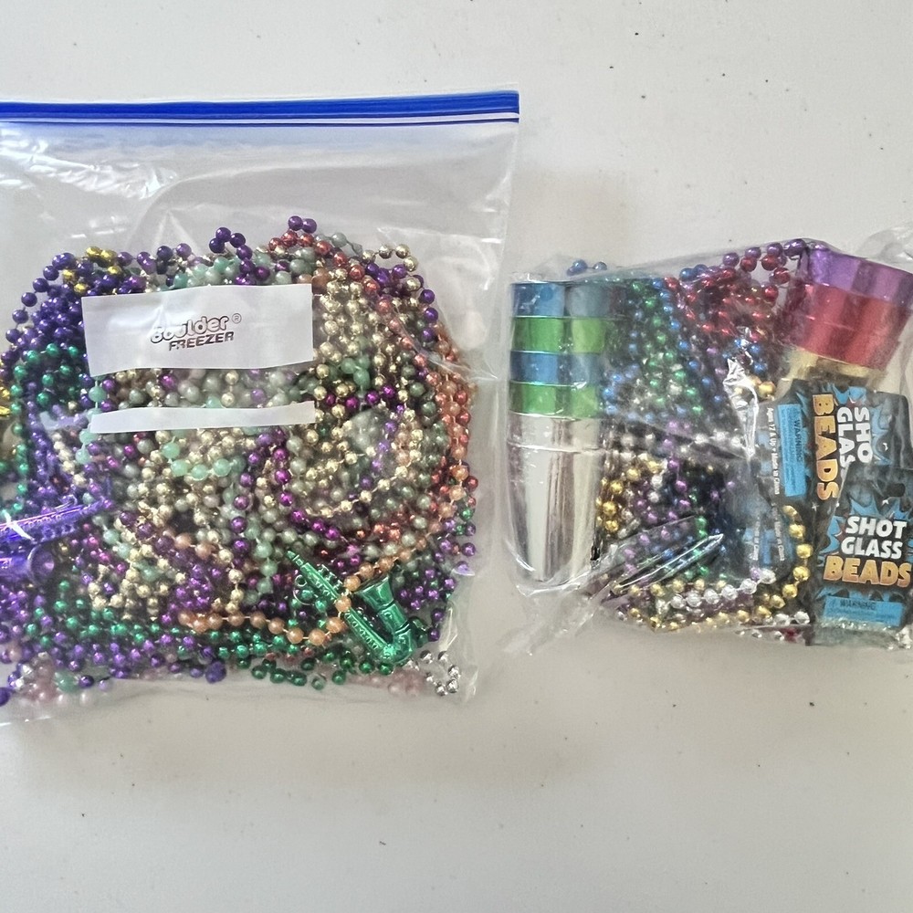 Mardi Gras Shot Glass Beads New Pack  Of 12 With 1 Pound Bag Of Used Asst. Beads