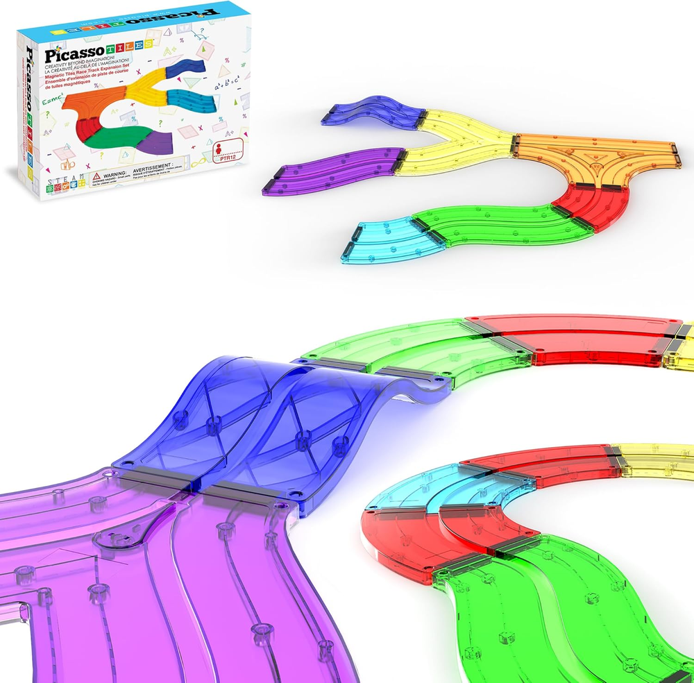 12pcs Magnetic Race Track Add-On for Building Blocks with 5 Style Tiles