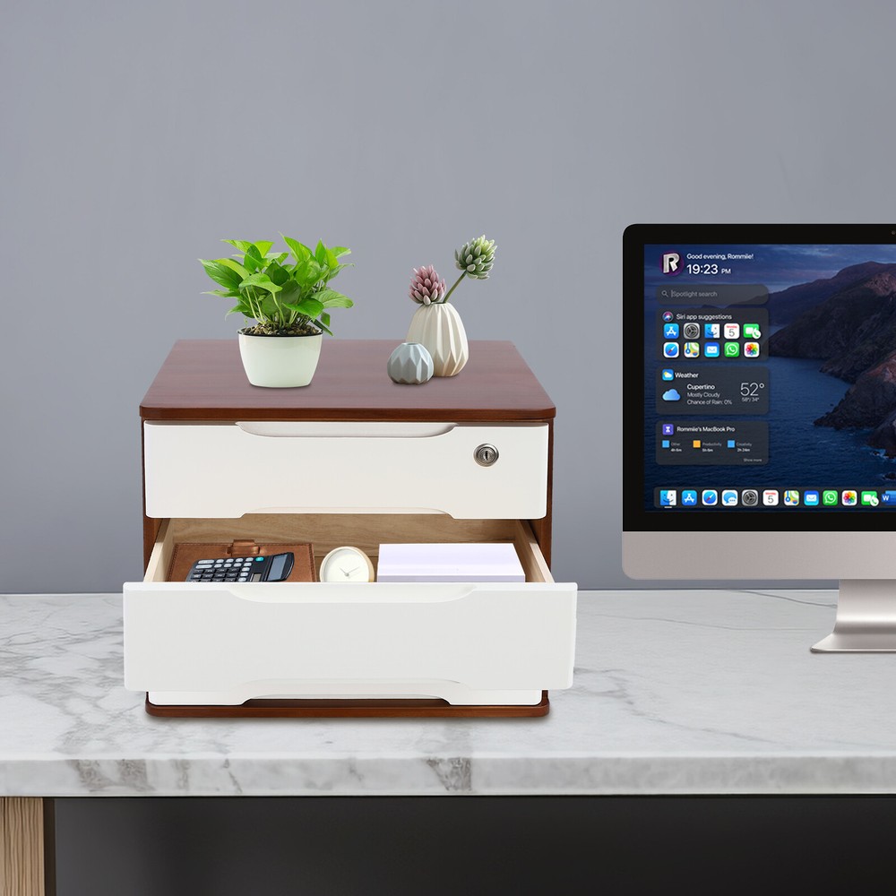 Wooden Desktop Storage Box with Lock for Office Home Table Organizer