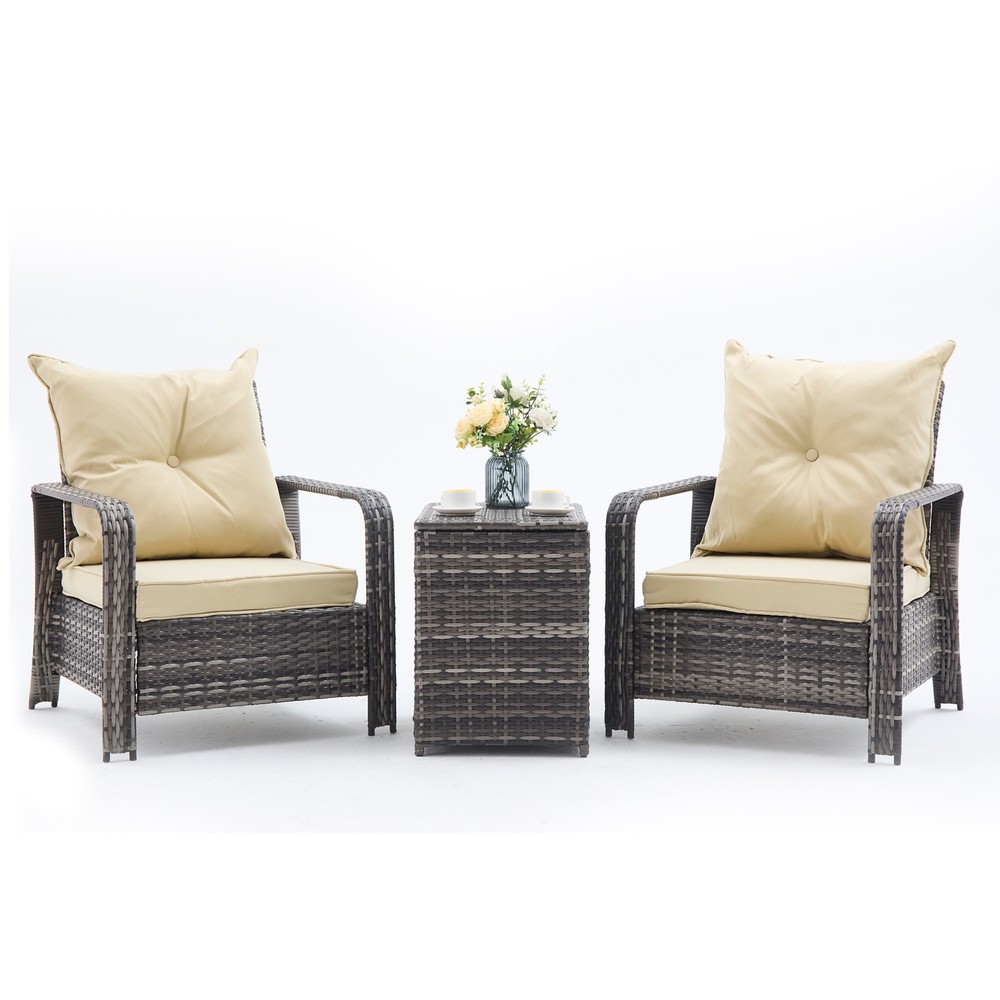 3-Piece Yellow Wicker Patio Set with Rattan Sofa Table & Cushions  