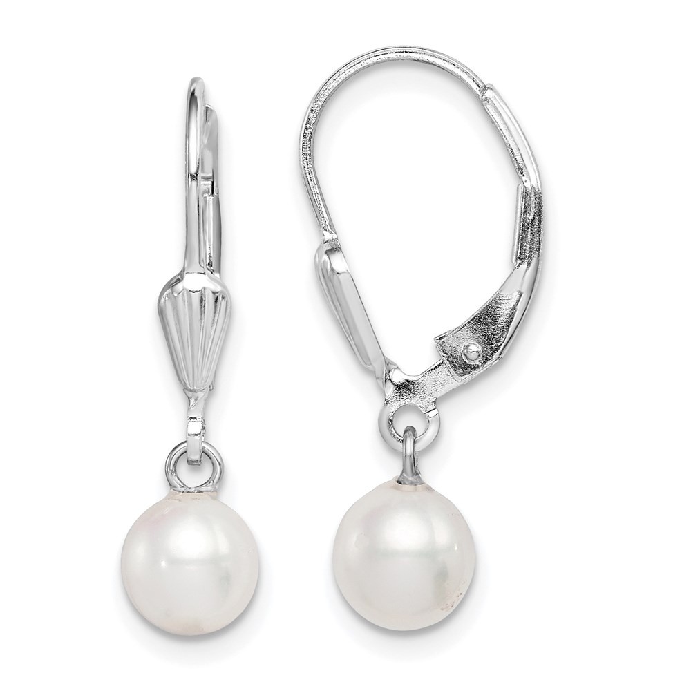 Sterling Silver 6-7mm White Cultured Pearl Leverback Drop & Dangle Earrings
