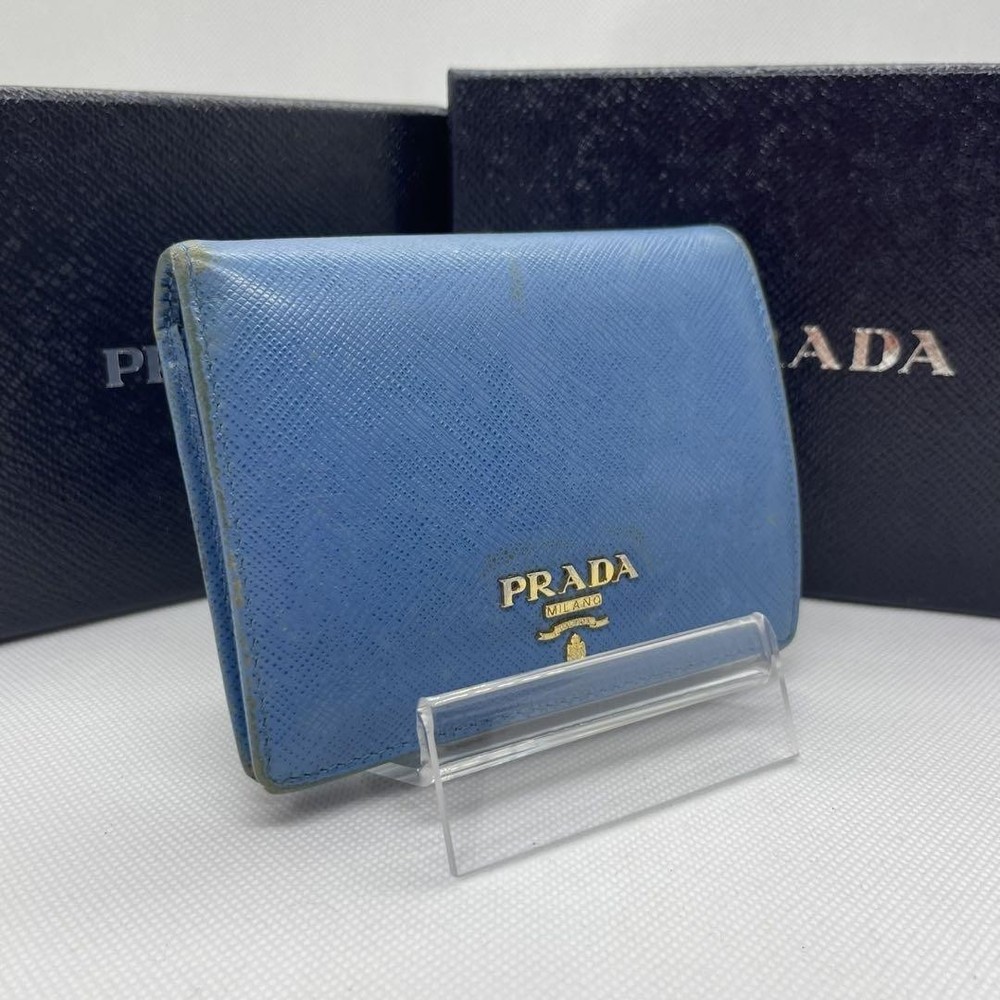 Authentic Prada Saffiano Leather Bifold Wallet Light Blue Coin Purse