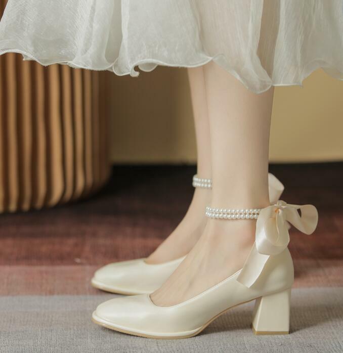 Elegant Women's Bow-Knot Square Toe Thick Heel Shoes
