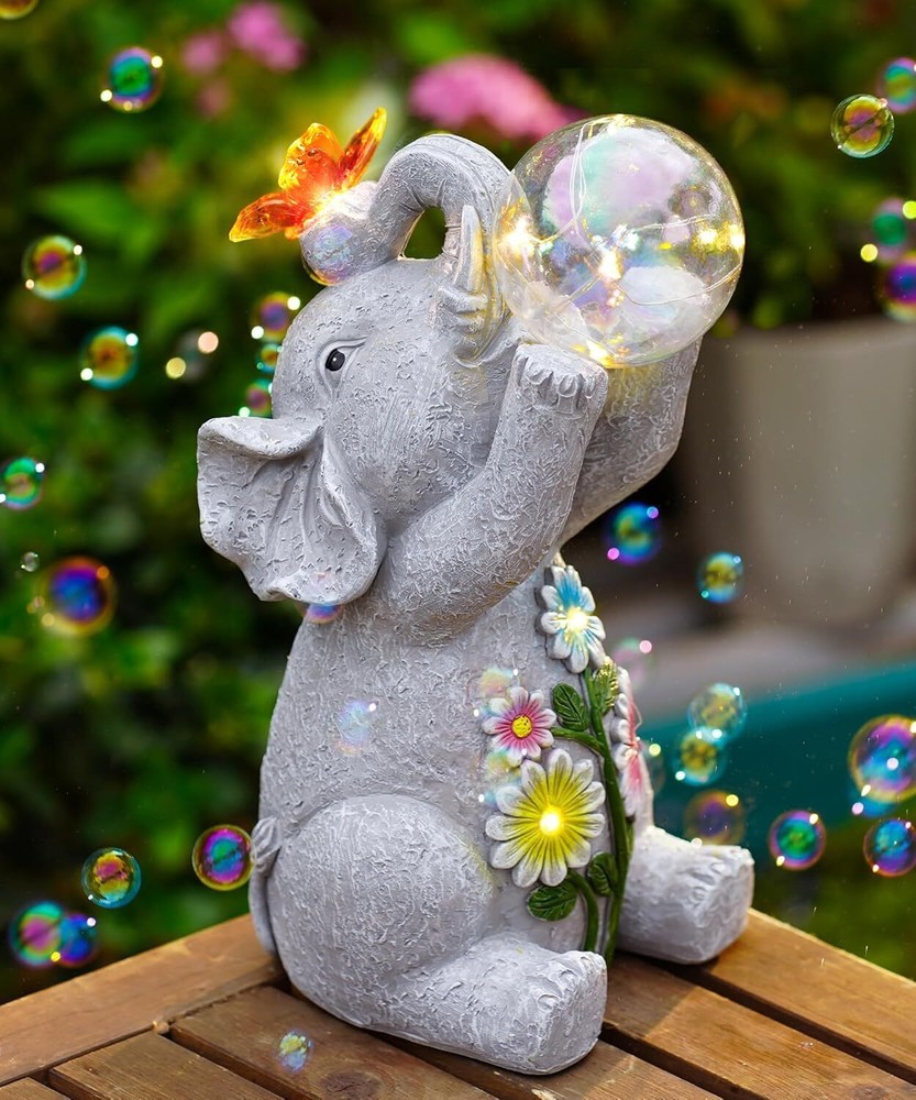 Nacome Solar-Powered Elephant Garden Statue with Bubble Blowing Feature for Outdoor Decor