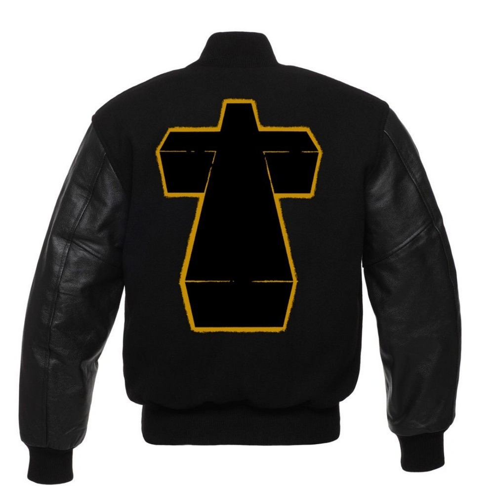 JUSTICE CROSS LETTERMAN VARSITY JACKET ALL BLACK WITH GENUINE LEATHER SLEEVES
