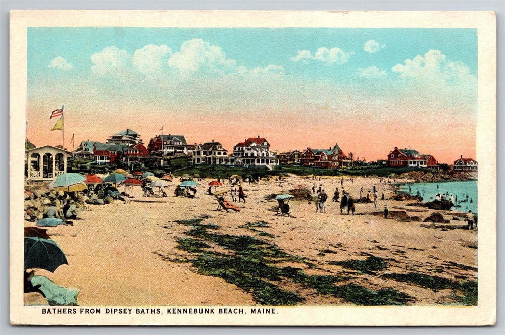 Vintage 1920s Kennebunk Beach Scene with Bathers and Umbrellas Postcard AB12
