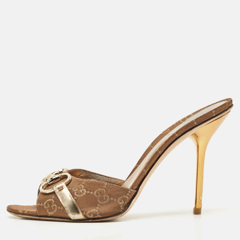 Gucci GG Supreme Gold Horsebit Slide Sandals Size 39 Open Toe