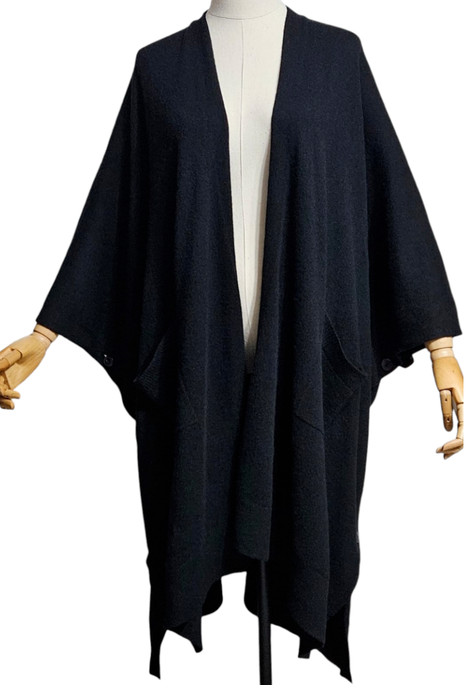HATCH Black Сashmere Сardigan-Сape Open Front Asymmetrical Hem Oversize/SIZE ONE
