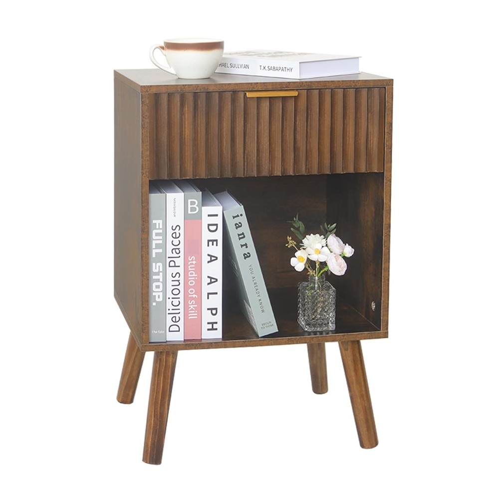 Mid Century Modern Wood Nightstand with Drawer and Open Storage