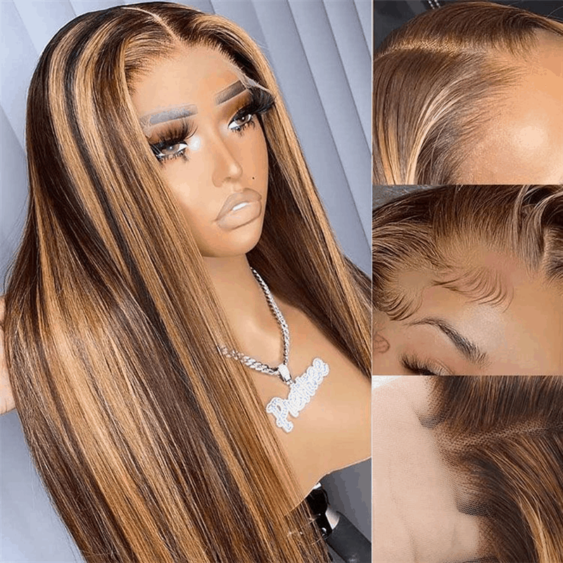 13x4 Lace Front Wig 180% Density Straight Human Hair Piano Color Highlights 4/27