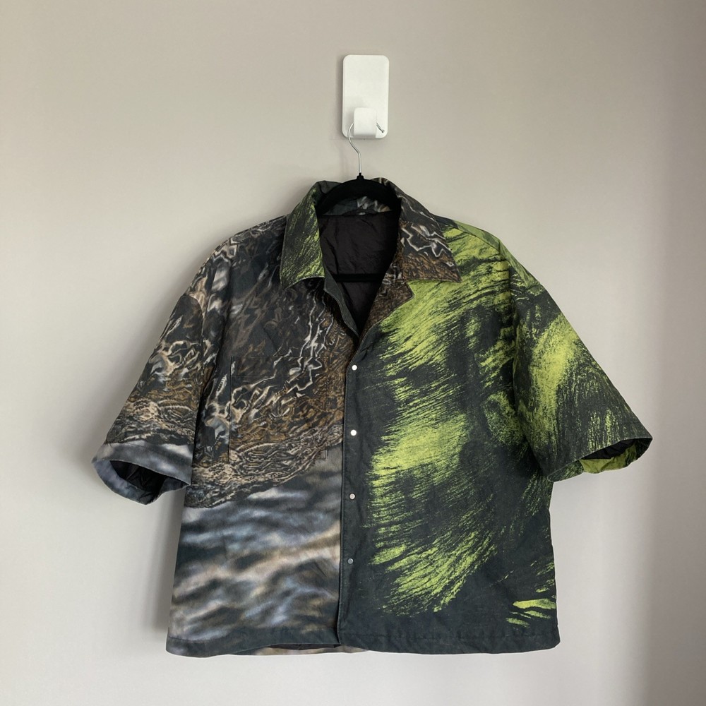 Abstract Printed Jacket Shortsleeve Overshirt Mens Medium Oversized Green Grey