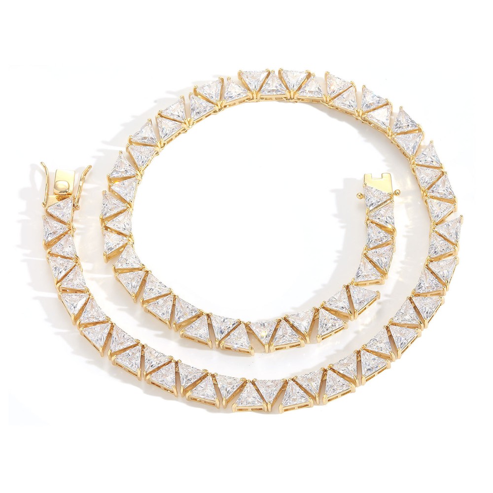 9mm Bling Triangular Zircon Tennis Chain Necklace Bracelet Gold Plated Jewelry
