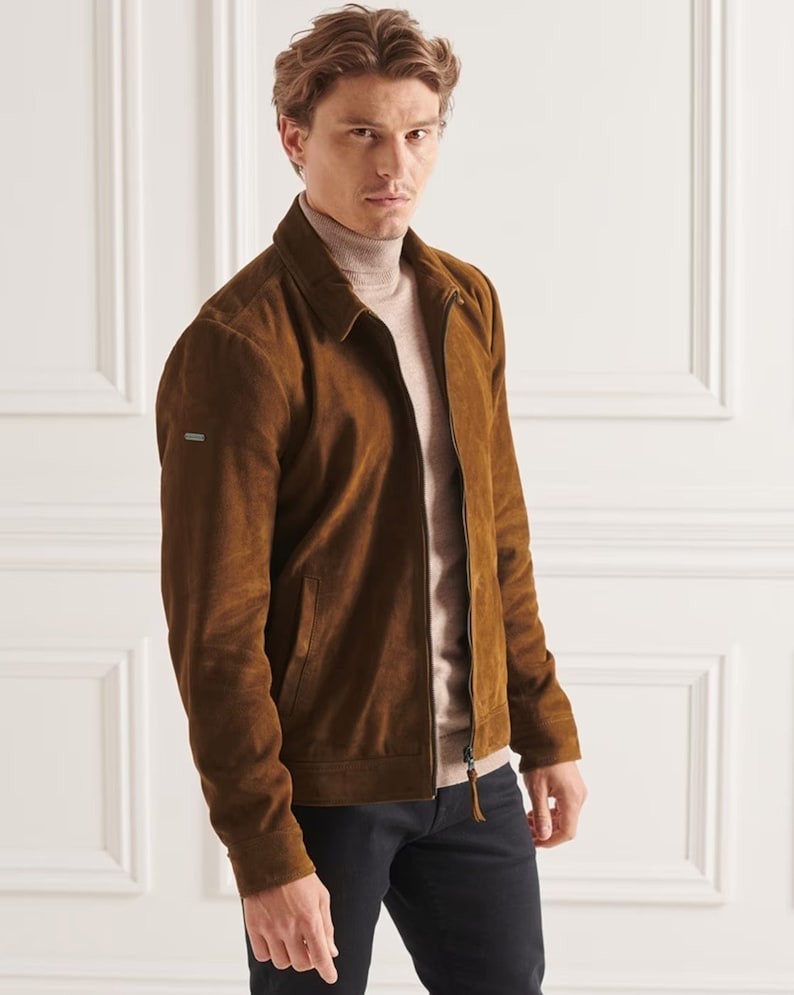 Men's Premium Brown Suede Leather Jacket Handmade Classic Stylish