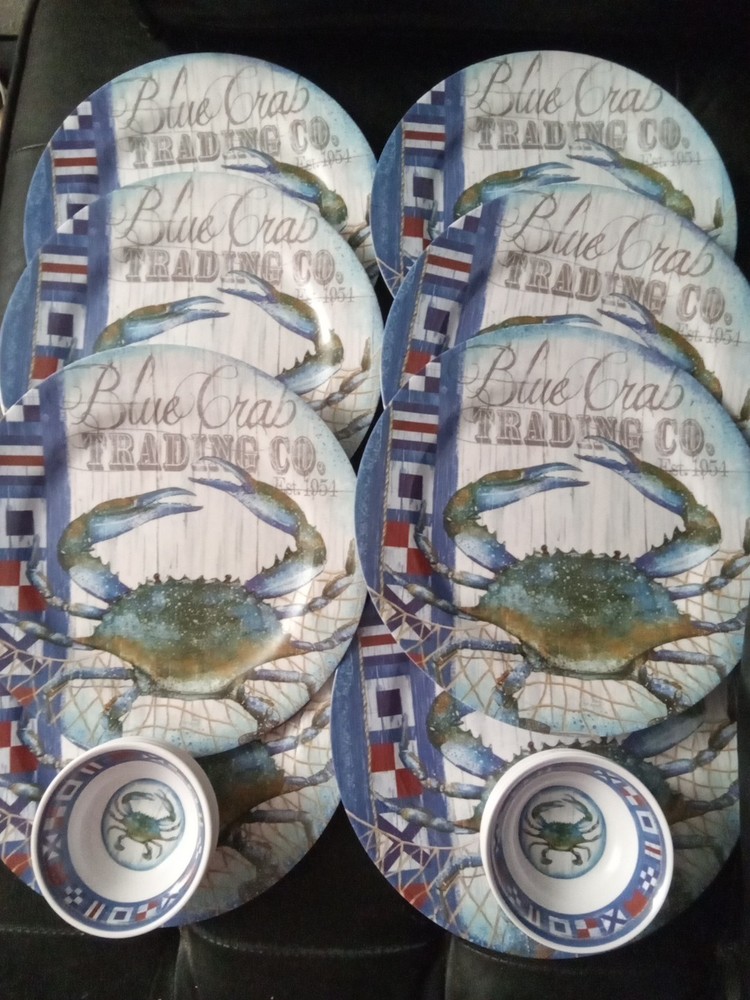 Collectible Blue Crab Trading Co. Nautical Melamine Plates / Romuloud Bowls 16pc