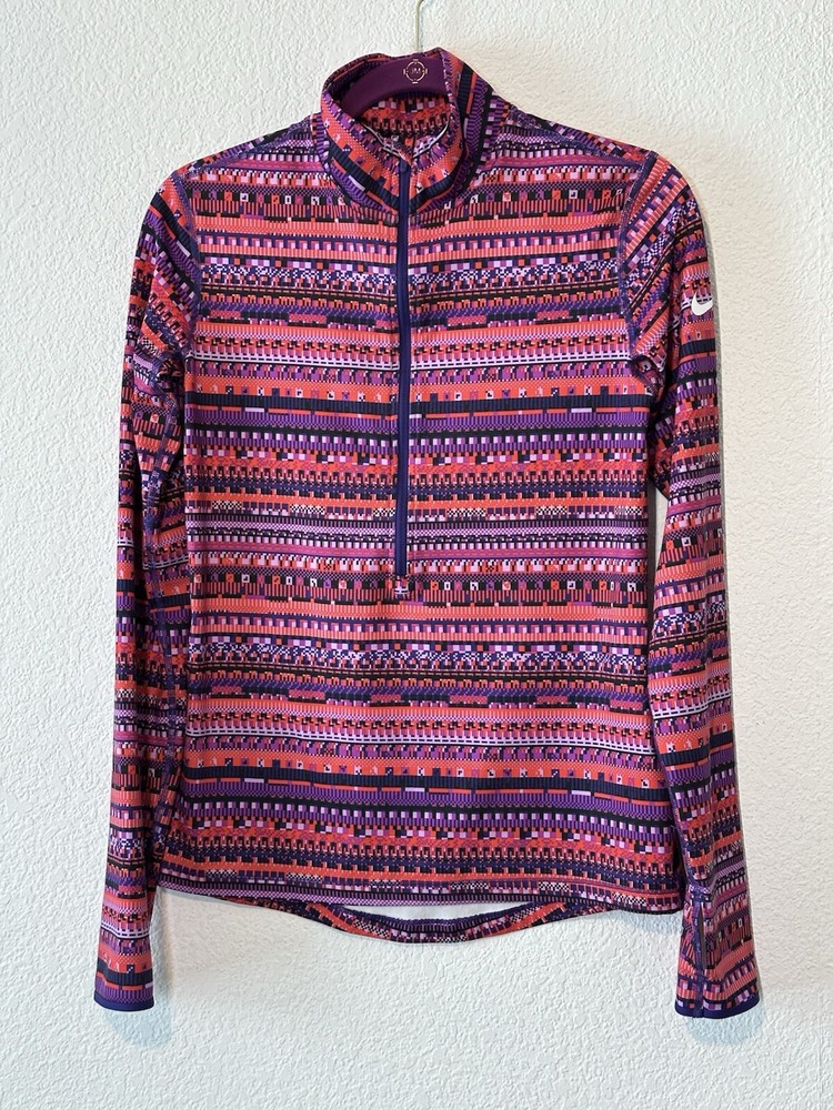 Nike Pro DRI-FIT Shirt Womens Long Sleeve 1/2 Zip Pink Purple Thumb Holes Medium