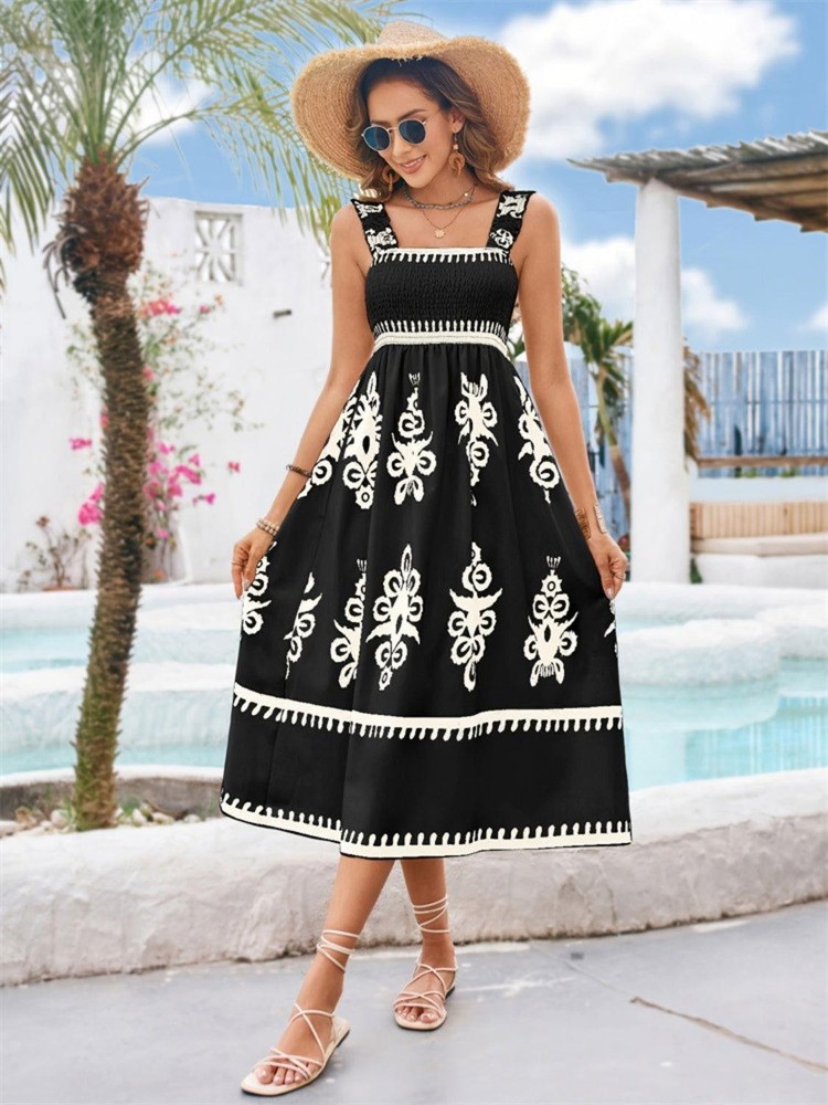 Square Neck Wide Strap Printed Midi Dress  