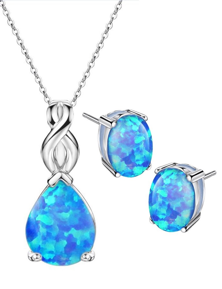 Mints Opal Jewelry Set Sterling Silver Pendant Necklace Stud Earrings October...