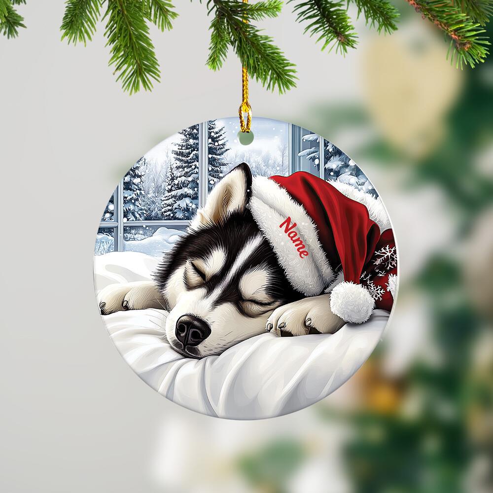 Personalized Siberian Husky Dog Sleeping Christmas Ornament Decor Holiday Gift