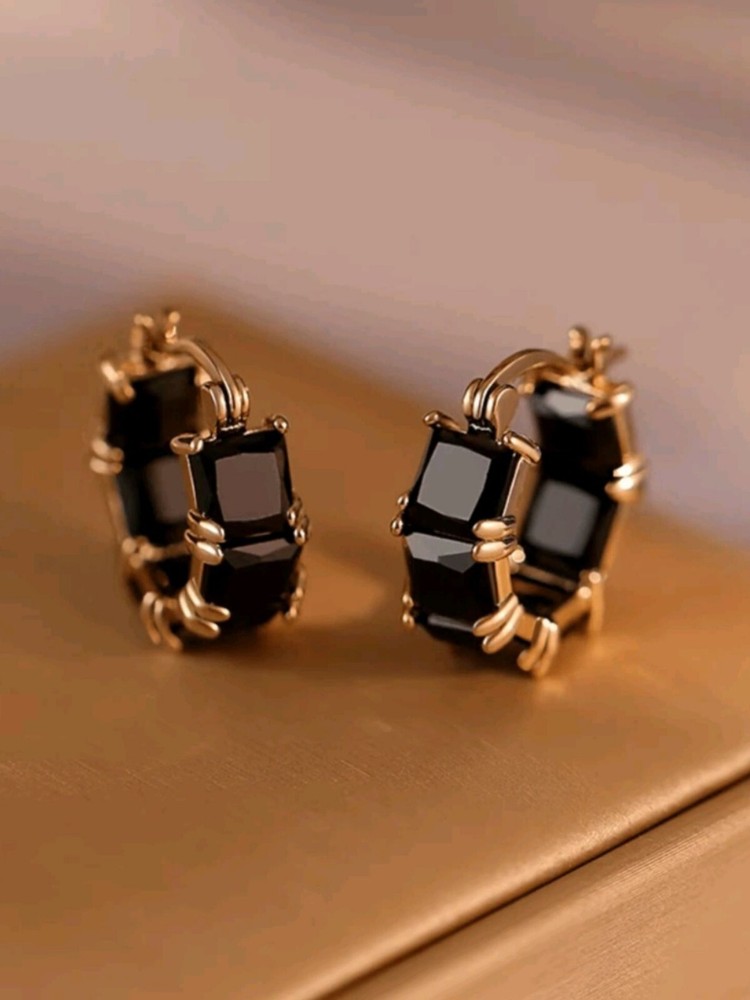 Black Onyx Earrings Gold Hoops 14k