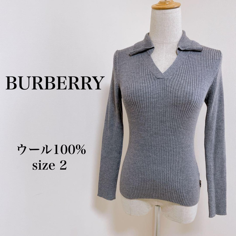 Burberry Knit Rib Long Sleeve Top 100% Wool Gray Simple Style New