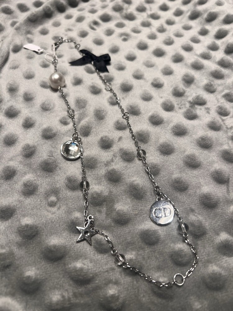 DIOR Short Crystal and Faux Pearl Charm Necklace