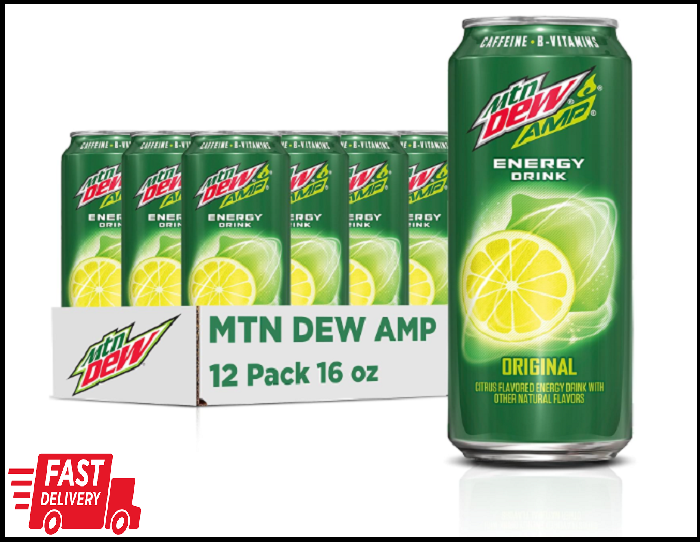 (12 Pack) Mountain Dew Amp Energy Drink, Original, Caffeine+B Vitamins, 16 Fl Oz
