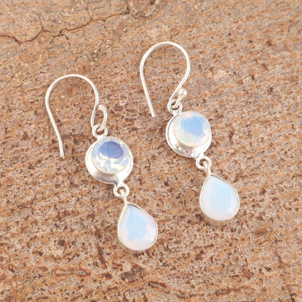 925 Sterling Silver Milky Opal Gemstone Bezel Dangle Drop Womens Gift Earrings