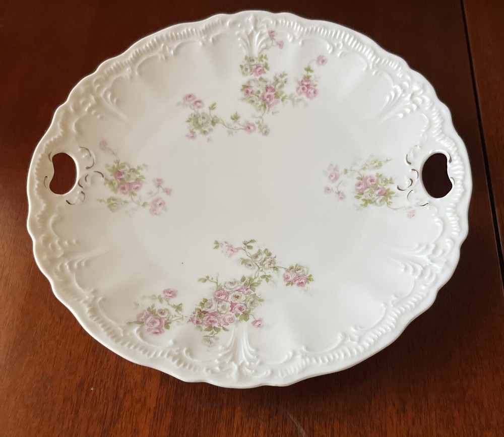 Vintage Dainty Round China Serving Plate Pink Flowers Handles 9”