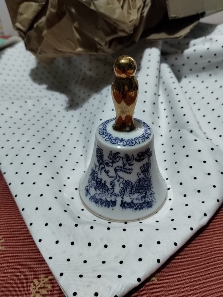 Vintage Enesco Asian Village Bell with Birds in White & Blue