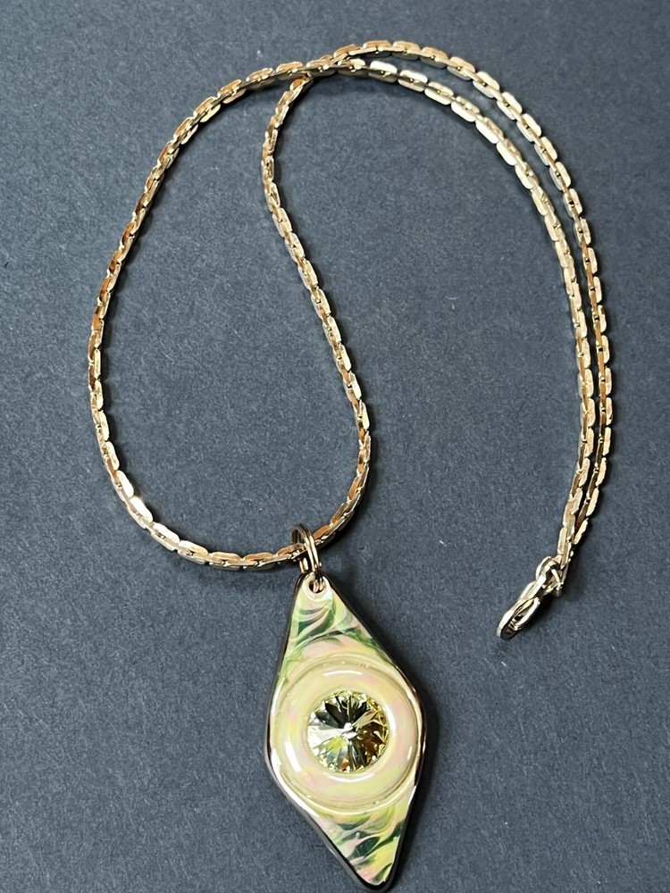 Silvertone Chain w Handmade Green Swirl Lusterware Ceramic Pottery Trapezoid w