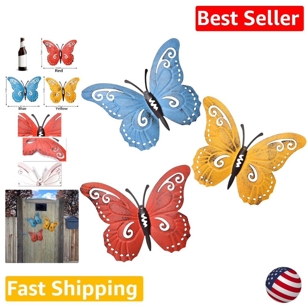 Vibrant Metal Butterfly Wall Art Decor Set - Rainbow Colors 3 Pack 9.4