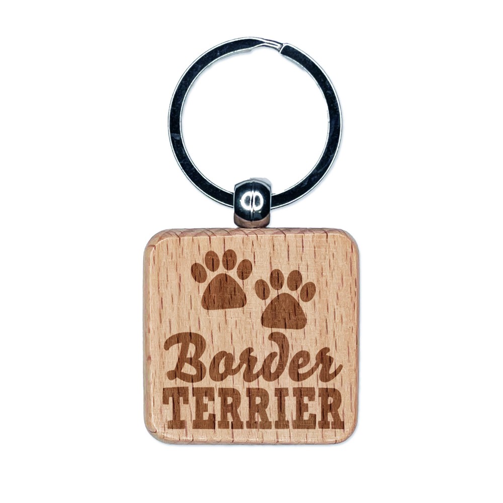 Border Terrier Paw Print Wooden Keychain Charm Engraved with Fun Text