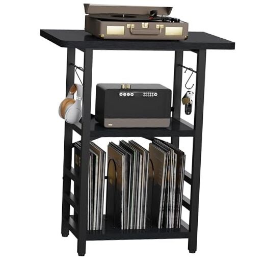 Modern Black Record Player Stand with Extended Desktop for Vinyl Storage
