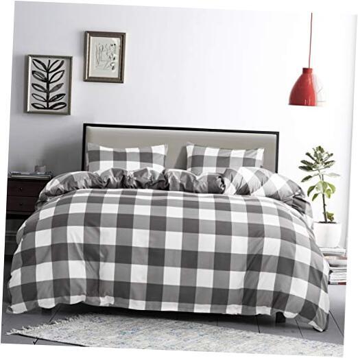 Plaid Duvet Cover Set Comforter Cover Set Full Queen Gray White(plaid)