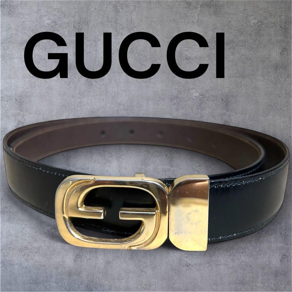 GUCCI GG Interlocking Buckle Belt in Black or Brown Leather with Gold Hardware Unisex Vintage