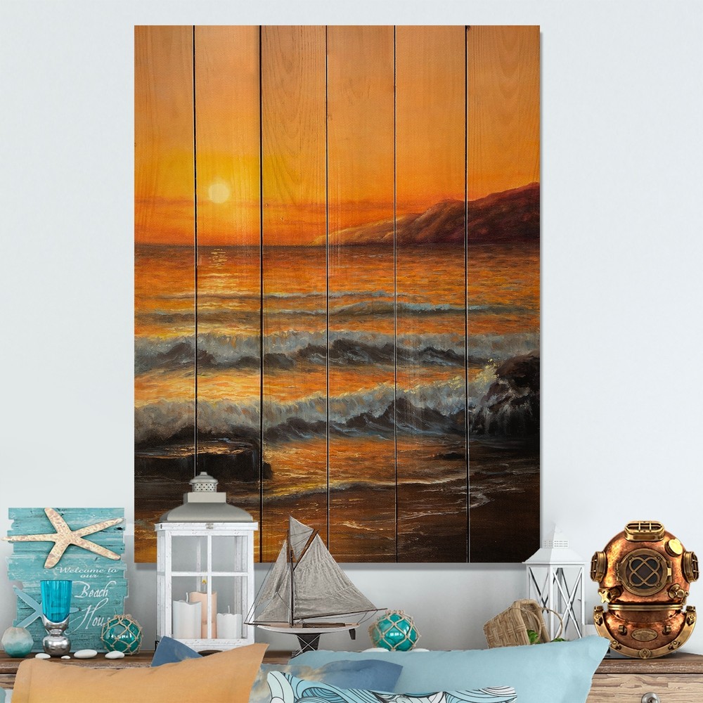 Designart 'Golden Waves At Ocean Sea Shore' Nautical &