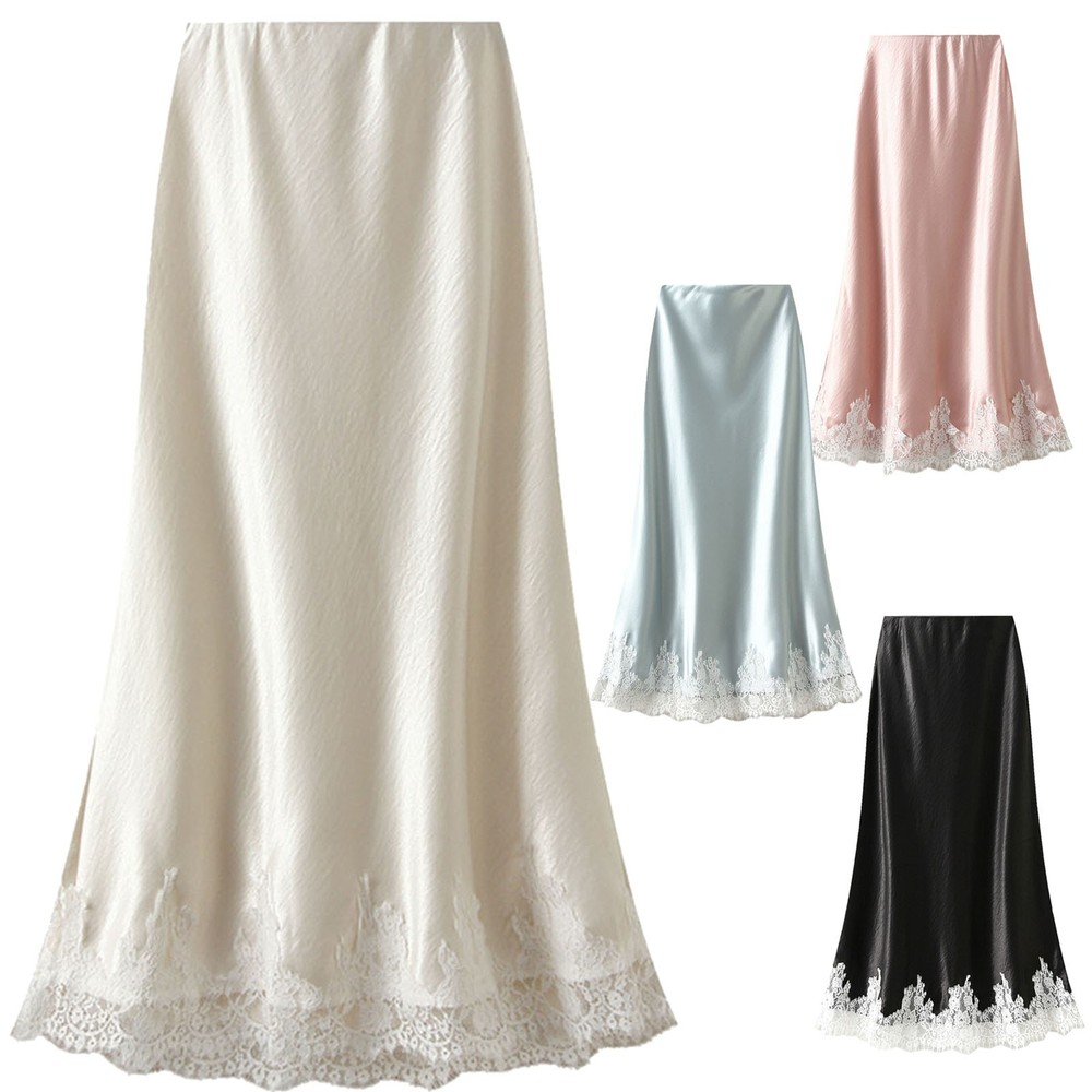 Women A-line Banquet Midi Fashionable Skirt Silk Satin Elegant Lace Patchwork