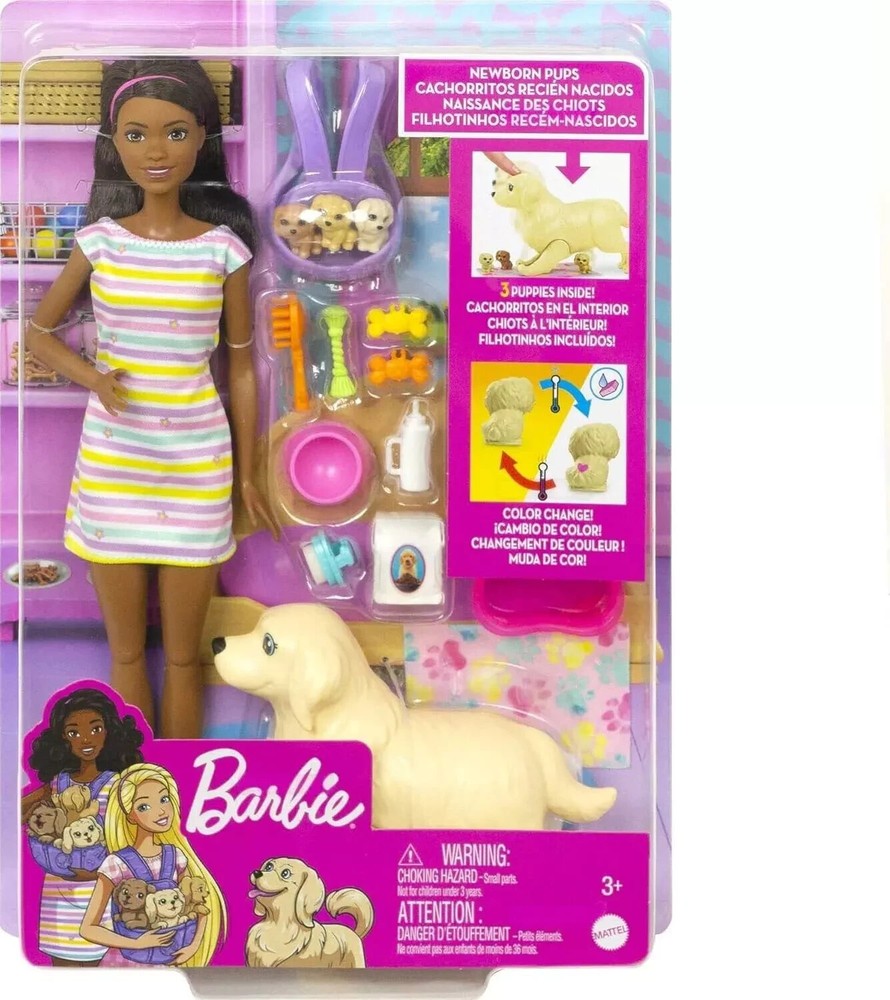 Barbie Pets Doll & Newborn Pups Playset with Mom Dog, 3 Colour-Change Puppies